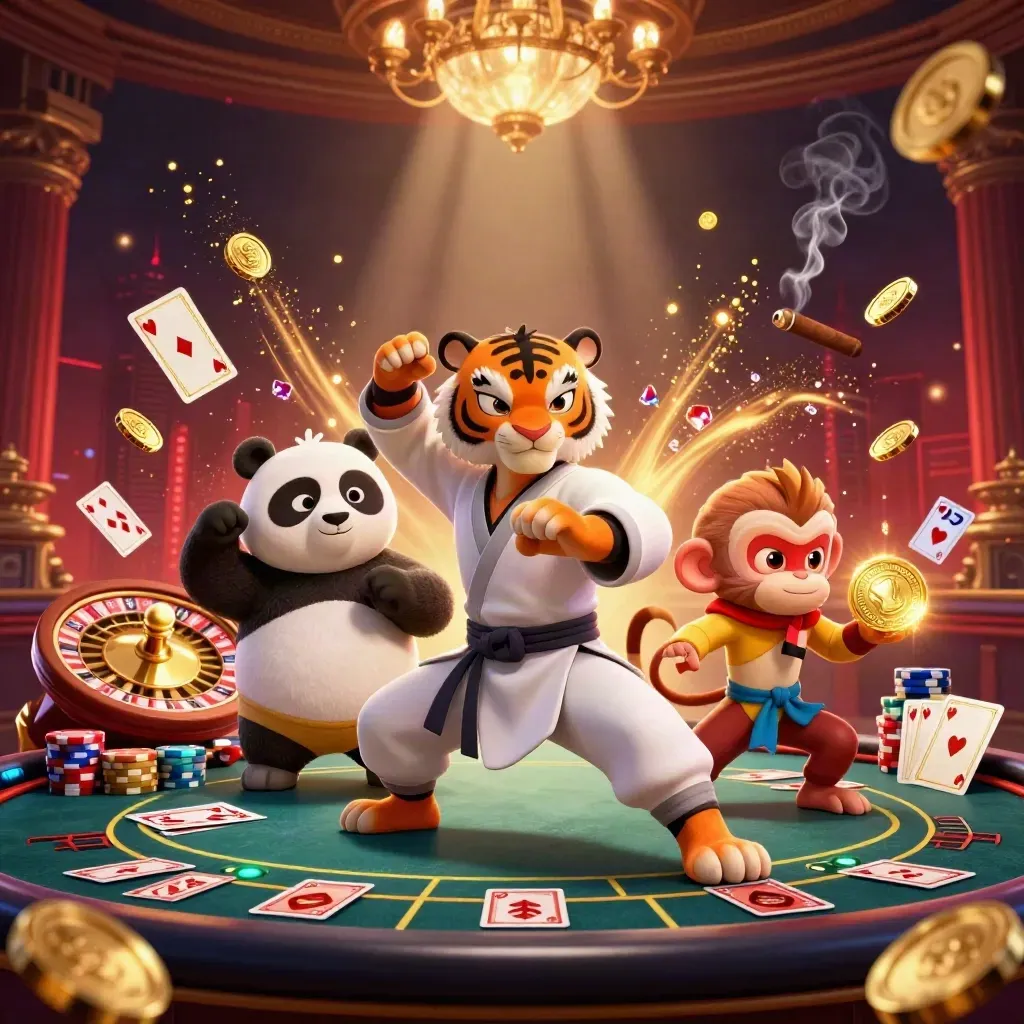 Harimau kung-fu, panda, dan monyet di kasino neon dengan koin emas berhamburan.