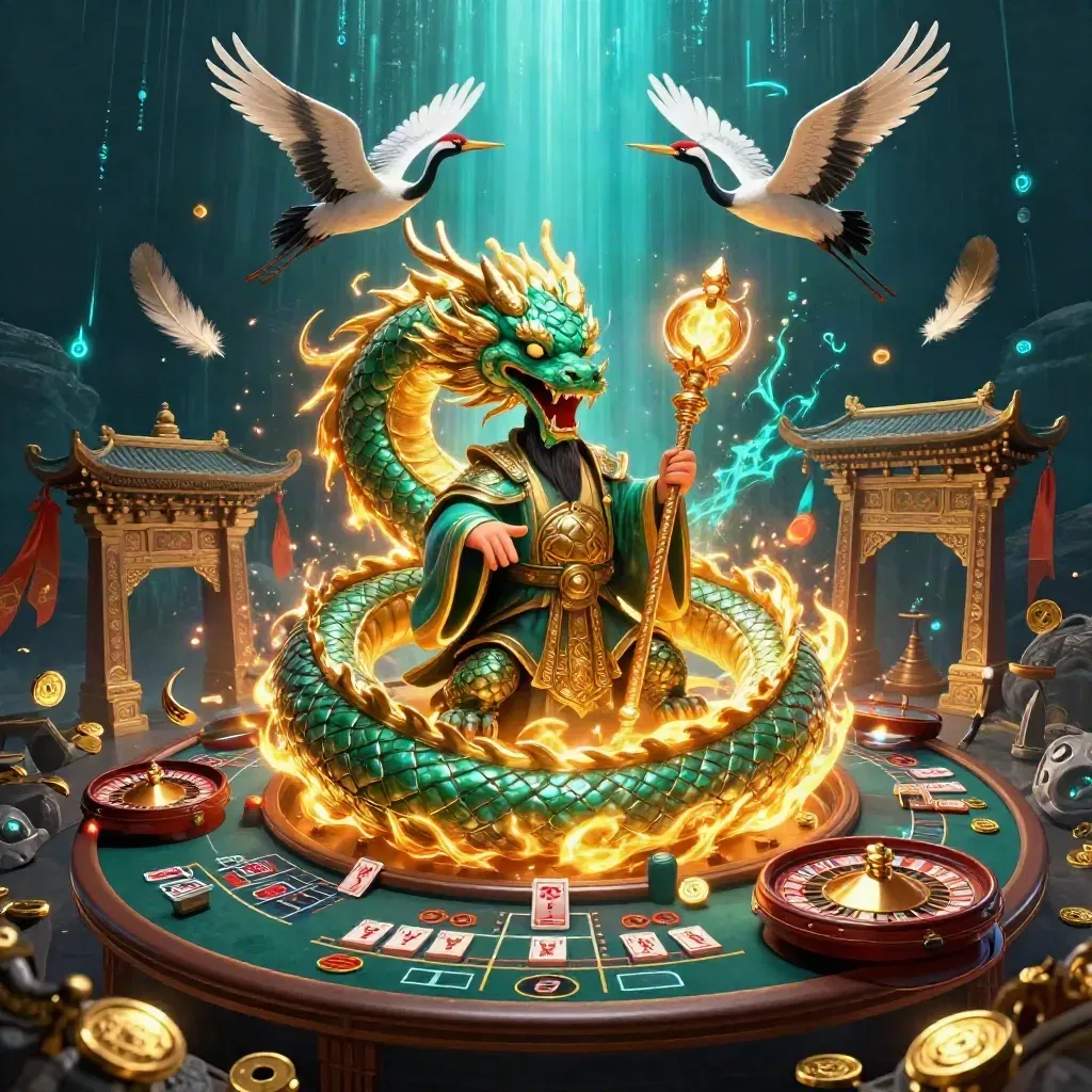 Naga giok, kura bijak, dan bangau di kasino neon mewah dengan cahaya emas.