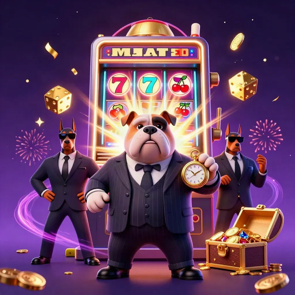 Bulldog bos mafia, dua doberman, mesin slot emas meledak dengan peti harta dan kilau neon.