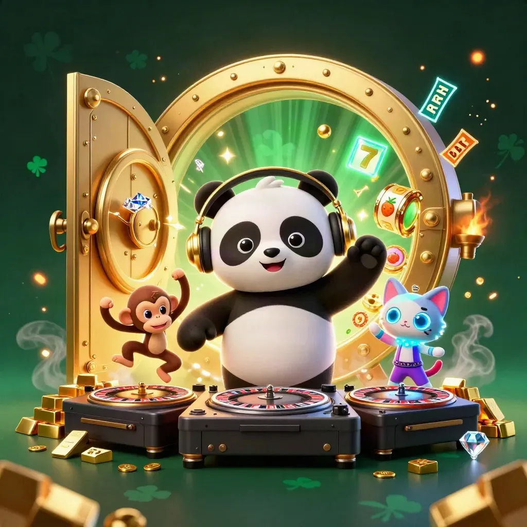 Panda DJ, monyet breakdance, dan kucing neon di depan pintu harta emas meledak keluar.