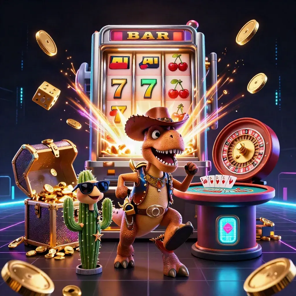 T-Rex koboi, kaktus, dan roadrunner di ledakan slot emas neon kasino futuristik