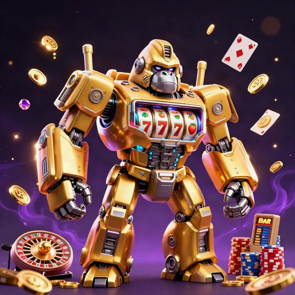 Gorila mech emas dengan pilot monyet kecil, koin, kartu, chip, dan cahaya neon kasino.