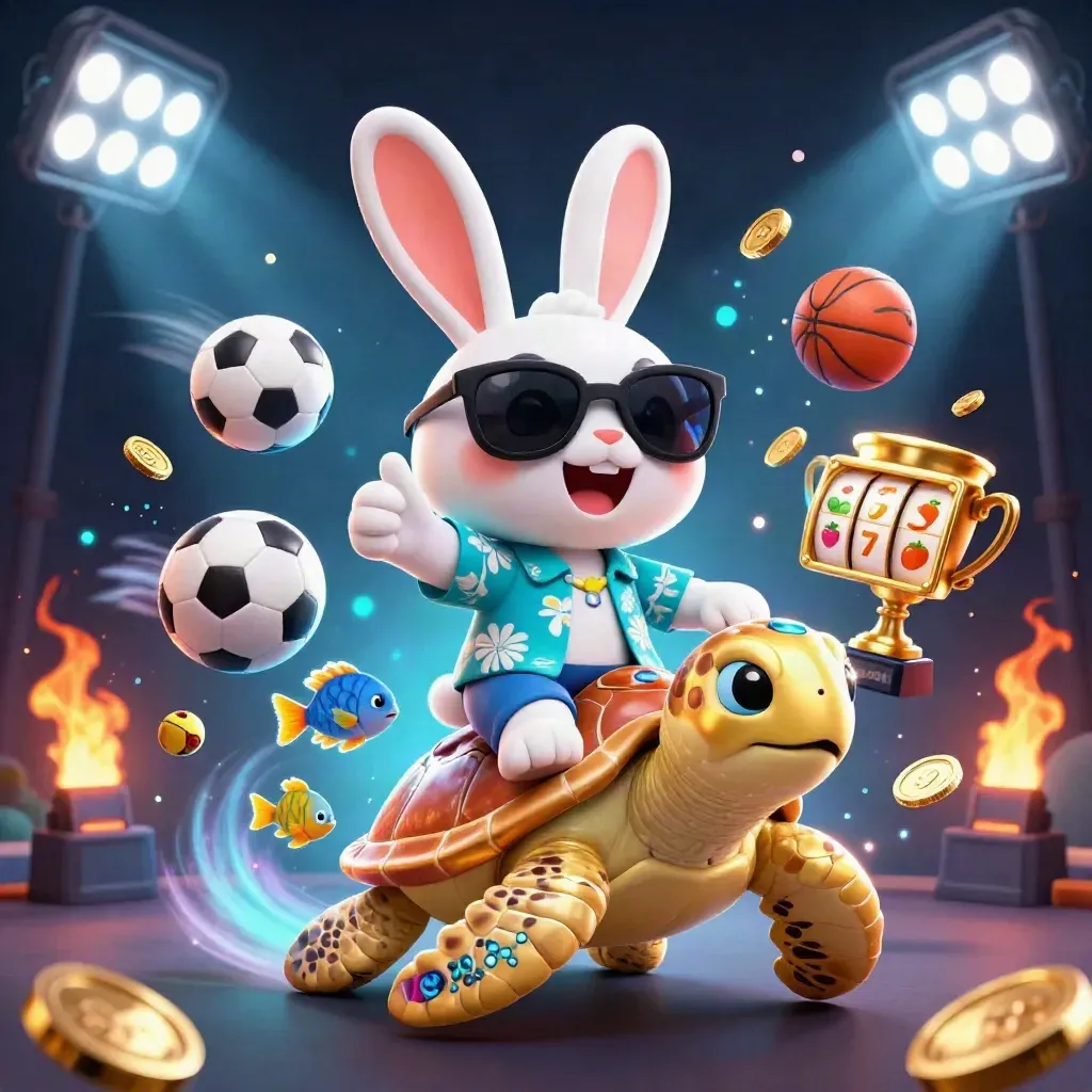 Kelinci lucu naik kura-kura emas, dikelilingi bola, koin, dan efek kasino neon.