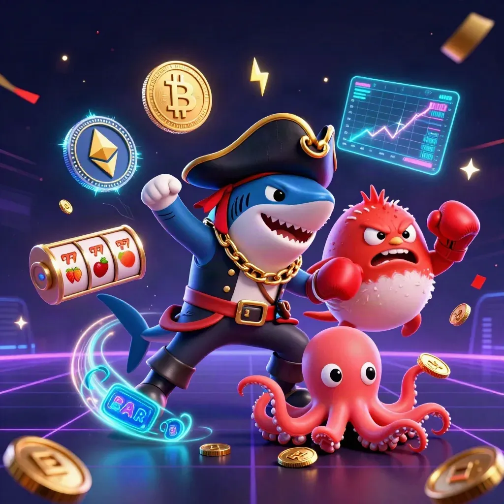 Shark bajak laut, ikan buntal merah, dan gurita kecil dikelilingi koin neon.