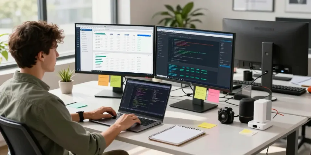 Analysis of jebol wd in a modern tech workspace featuring dual monitors and data visualization.